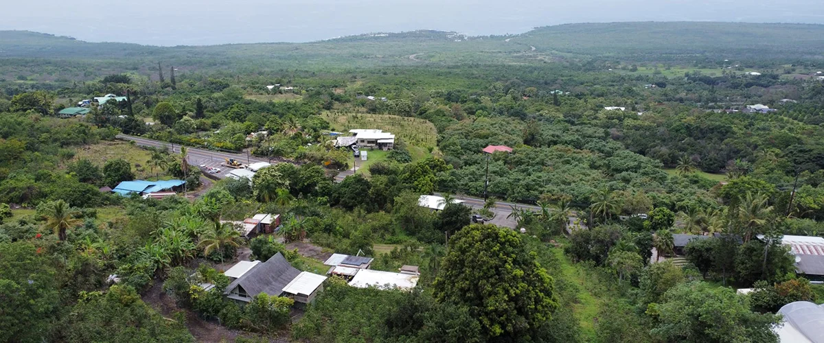 Kona Volcano Coffee Farm aerial panorama at 1,600 feet elevation, Captain Cook Hawaii Island South Kona Coffee Belt