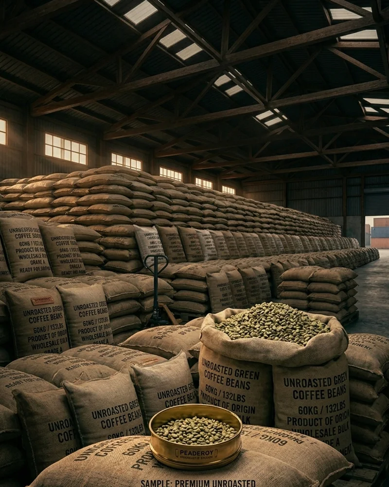 Bulk lots of 100% Kona green coffee beans ready for wholesale shipment, farm-direct from Kona Volcano Farm Captain Cook Hawaii