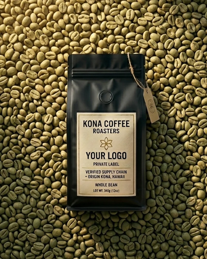 Custom Label Kona Coffee packaging design on certified green beans from Kona Volcano Farm, Captain Cook Hawaii