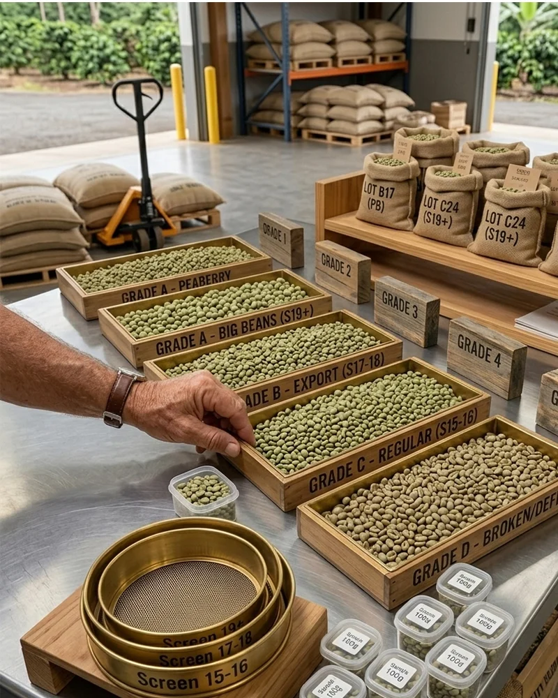 Kona green coffee beans sorted by grade for specialty roasters, Kona Volcano Farm Captain Cook Hawaii