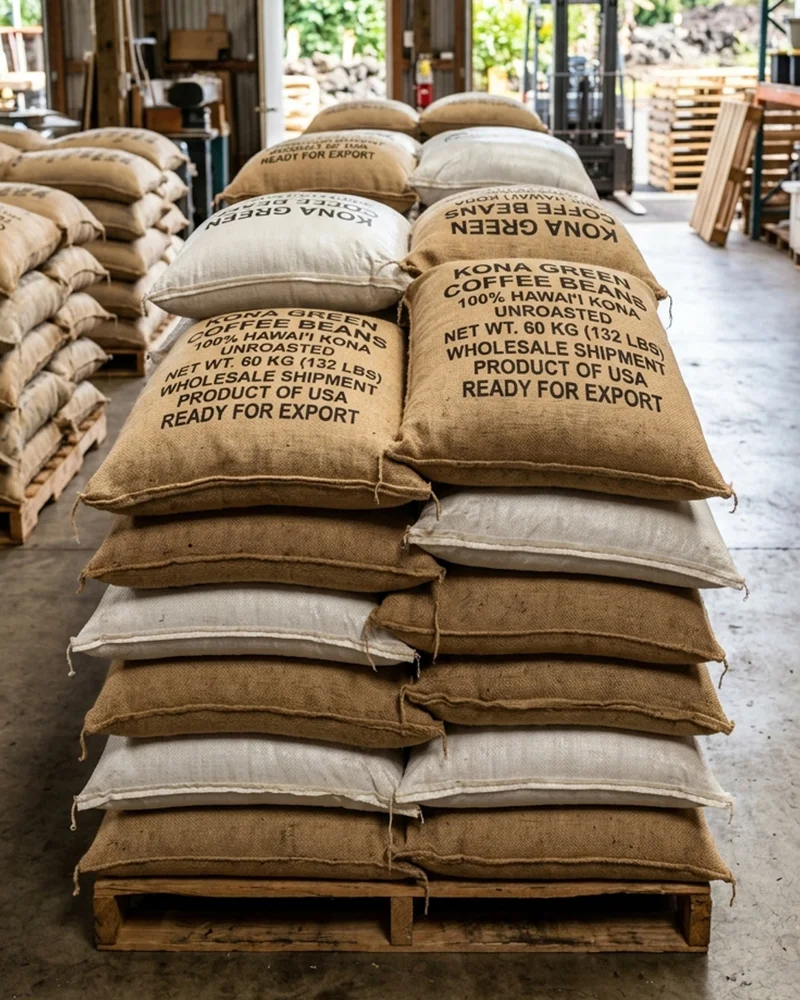Bulk bags of 100% Kona green coffee beans ready for wholesale shipment, Kona Volcano Farm Captain Cook