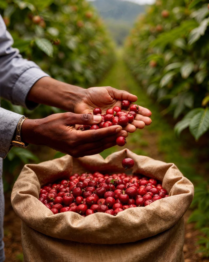 Farmer handpicking ripe coffee cherries at Kona Volcano Farm, Captain Cook Hawaii