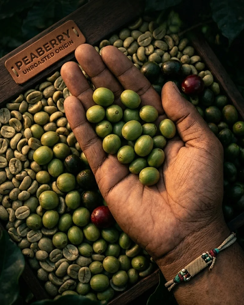 Kona Peaberry green coffee beans, single-seed round shape from Kona Volcano Farm, Captain Cook Hawaii